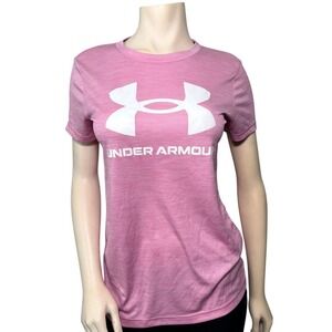 Under Armour T-Shirt Women Small Pink Excellent HeatGear Loose Fit Logo Tee